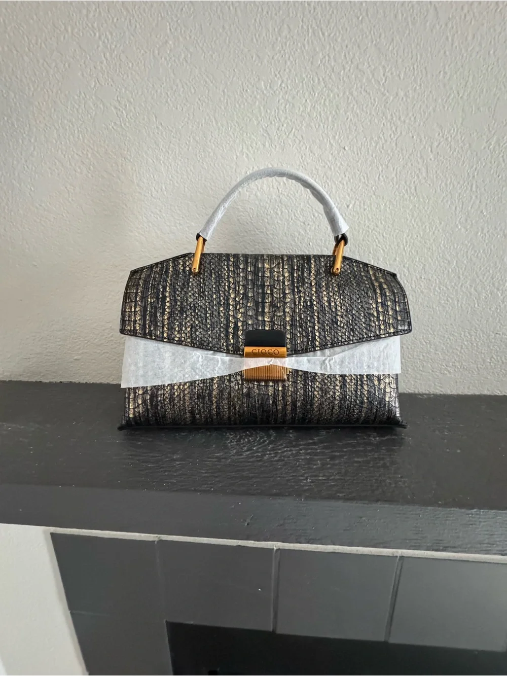 Textured Black and Gold Top-Handle Women’s Bag